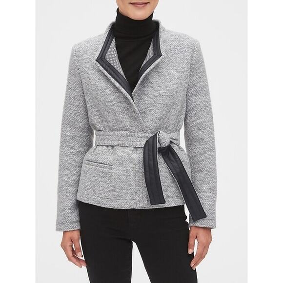 Banana Republic Textured Tie Jacket Blazer Gray Black Tweed Faux Leather women 6 - Picture 1 of 15